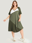 Colorblock Contrast Pocket Raglan Sleeve Dress