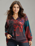 Floral Print Contrast Notched Sweatshirt