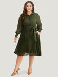 Shirred Belted Pocket Shirt Collar Button Through Dress