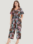 Tropical Print Shirred Wrap Jumpsuit