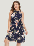 Halter Pocketed Belted Floral Print Dress With Ruffles