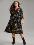Gathered Pocketed Glittering Floral Print Dress