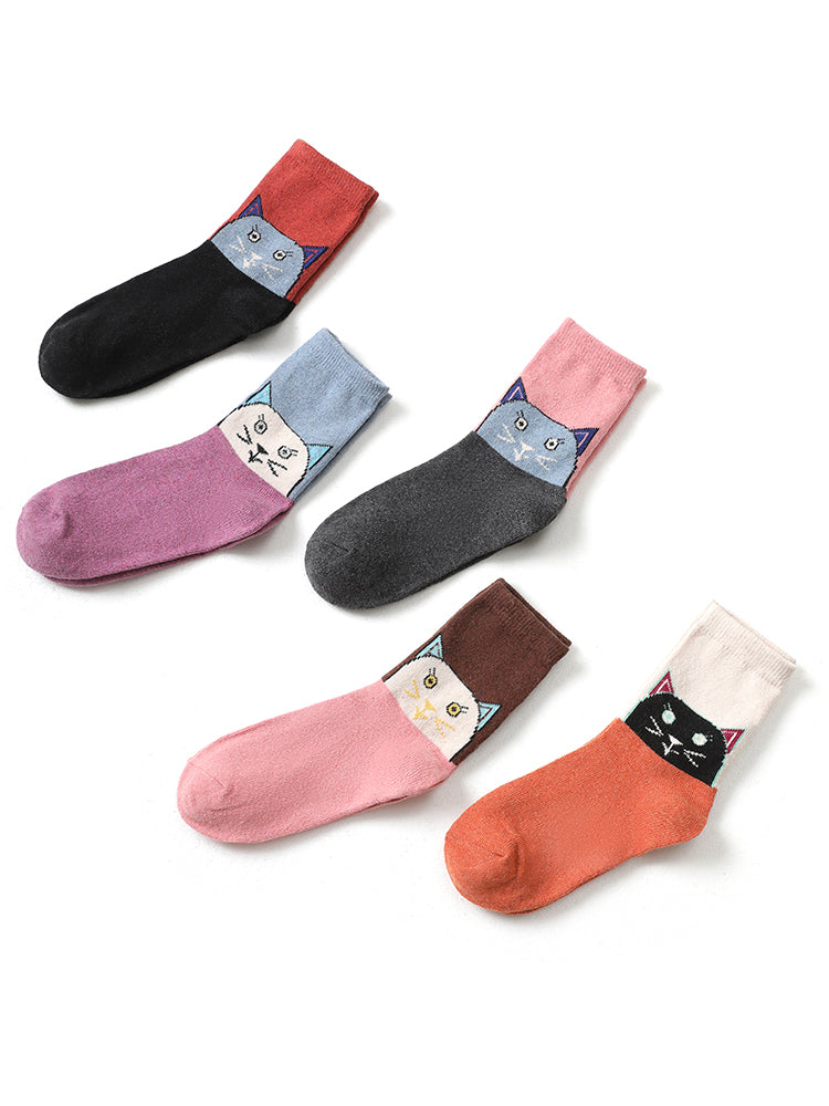 

Plus Size Socks Tights | 5 Pairs Cat Graphic Contrast Patchwork Socks Tights | BloomChic, Multicolor