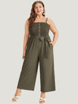 Frill Trim Spaghetti Strap Shirred Belted Jumpsuit