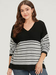 Two Tone V Neck Patchwork Elastic Cuffs Pullover