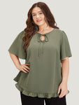 Plain Ruffle Sleeve Knot Neck Frill Trim Woven Top