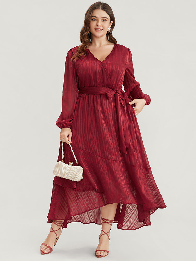 

Plus Size Women Going out Plain Asymmetrical Lantern Sleeve Long Sleeve V Neck Pocket Belt Glamour Dresses BloomChic, Burgundy
