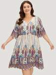 Pocketed Gathered Lace Bell Flutter Sleeves General Print Dress