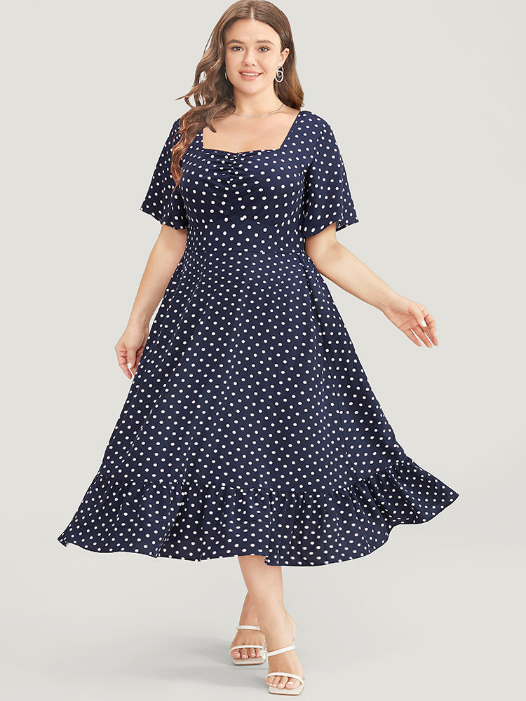 

Plus Size Women Dailywear Polka Dot Ruched Ruffle Sleeve Short Sleeve Square Neck Pocket Elegance Dresses BloomChic, Indigo