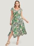 Pocketed General Print Cap Sleeves Ruffle Trim Dress