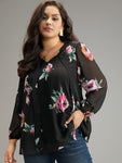 Floral Knot Neck Mesh Patchwork Blouse