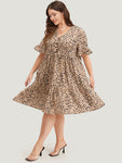 Animal Leopard Print Bell Sleeves Dress With Ruffles