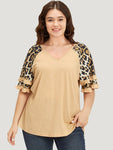 Leopard Print Contrast Ruffle Trim Raglan Sleeve T shirt