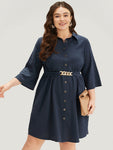 Solid Pocket Metal Buckle Detail Shirt Collar Dress