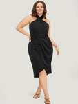 Halter Pleated Backless Pocketed Dress