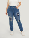 Very Stretchy High Rise Medium Wash Paint Patched Jeans