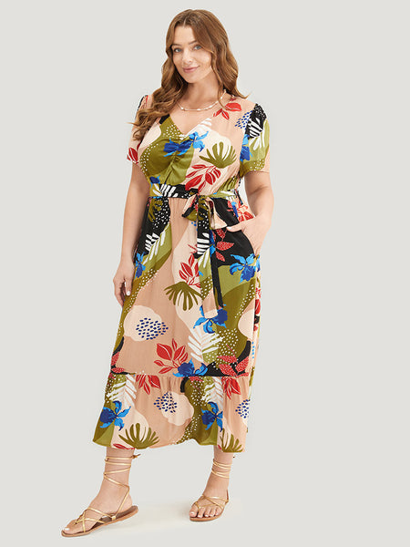 Tropical Print Belted Pocketed Ruched Flutter Sleeves Dress
