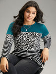 Striped Leopard Patchwork Contrast Round Neck T shirt