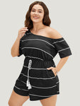 Striped Print One Shoulder Pocketed Romper