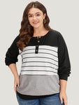 Striped Contrast Button Up Elastic Cuffs Sweatshirt