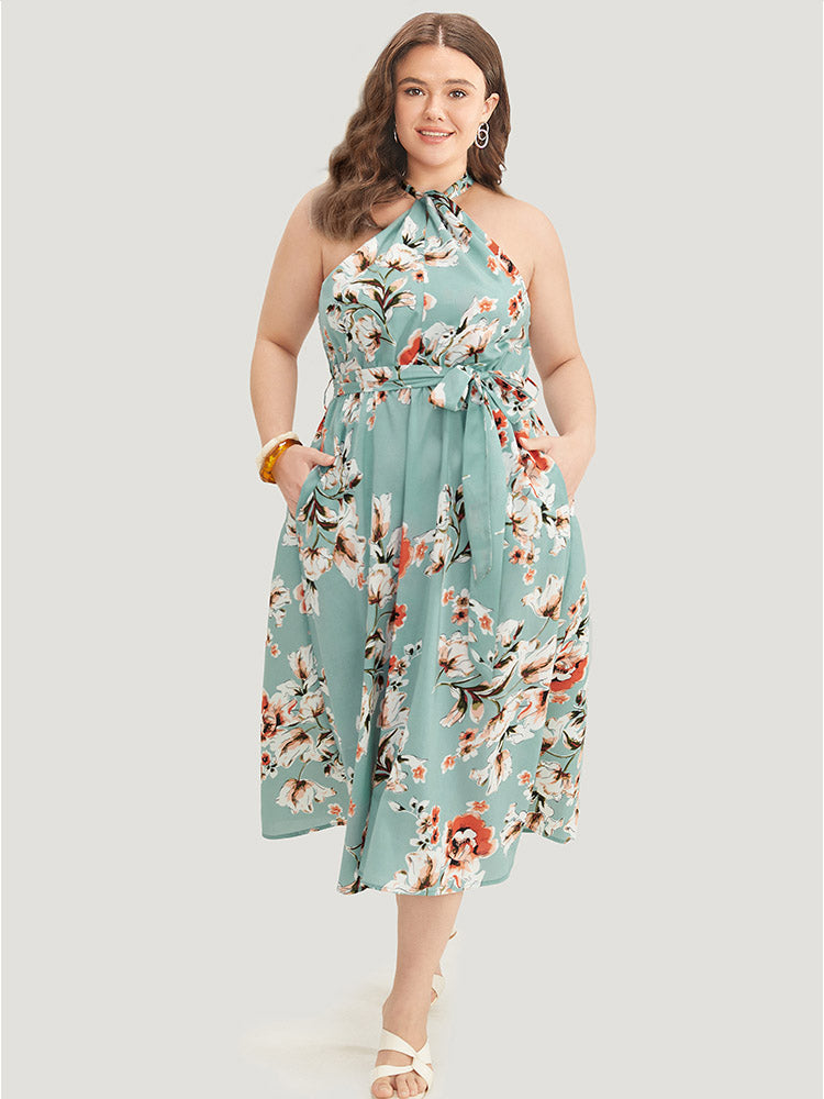 

Plus Size Women Dailywear Floral Knotted Sleeveless Sleeveless Halter Pocket Belt Vacation Dresses BloomChic, Mint