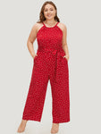 Polka Dot Pocket Belt Halter Neck Jumpsuit