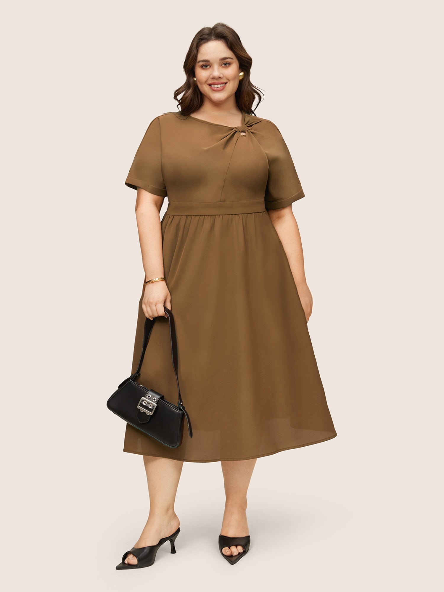 

Plus Size Women Work Plain Non Regular Sleeve Short sleeve Asymmetrical Neck Pocket At the Office Dresses BloomChic, Dark brown