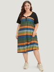 Pocketed Notched Collar Striped Print Dress