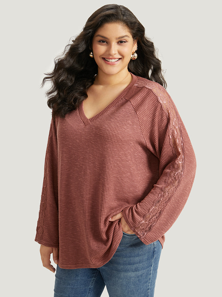 

Plus Size Women Dailywear Plain Texture Raglan sleeve Long Sleeve V-neck Elegant T-shirts BloomChic, Dusty pink