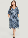 V-neck Pocketed Batwing Sleeves Tie Dye Print Dress