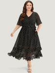 V-neck Mesh Pocketed Belted Polka Dots Print Dress With Ruffles