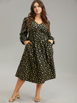 V-neck Pocketed Glittering Gathered Floral Print Dress