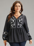 Boho Print Tie Neck Elastic Waist Tassels Blouse