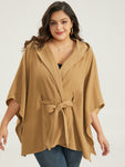 Solid Hooded Belted Batwing Sleeve Jacket