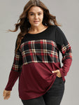 Plaid Contrast Patchwork Round Neck T shirt