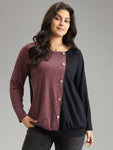 Two Tone Round Neck Button Detail T shirt