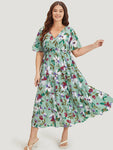 Floral Print Pocket Frill Trim Ruffle Layered Hem Dress