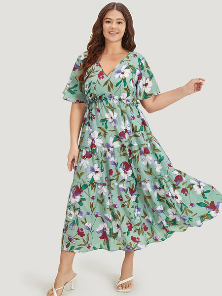 Floral Print Frill Trim Pocketed Dress With Ruffles