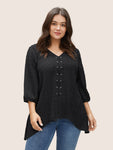 Texture Drawstring Lantern Sleeve Arc Hem Blouse