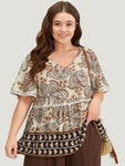 Paisley Print V Neck Pompom Trim Flutter Sleeve Top