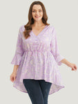 Floral Bell Sleeve Button Through High Low Hem Blouse