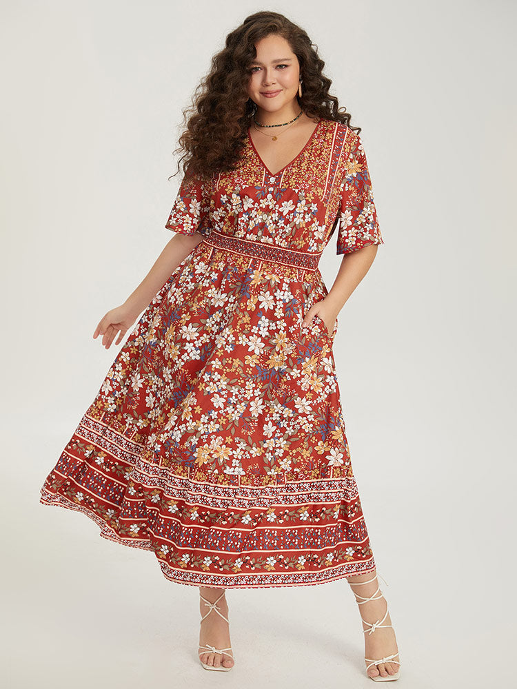 

Plus Size Women Dailywear Bohemian Print Button Regular Sleeve Short Sleeve V Neck Pocket Vacation Dresses BloomChic, Crimson