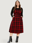 Round Neck Belted Pocketed Plaid Print Dress