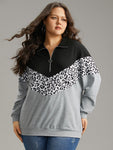 Leopard Contrast Patchwork Half Zip Sweatshirt