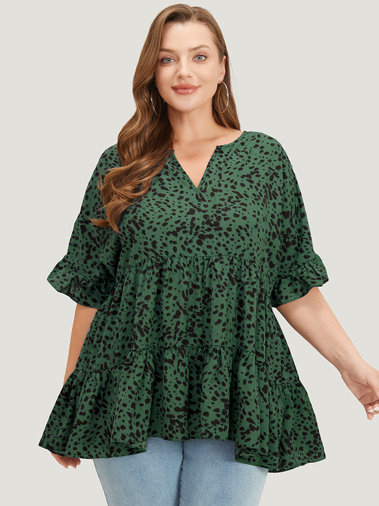 

Plus Size Women Dailywear Leopard Tiered Ruffle Sleeve Half Sleeve Notched collar Elegant Blouses BloomChic, Emerald