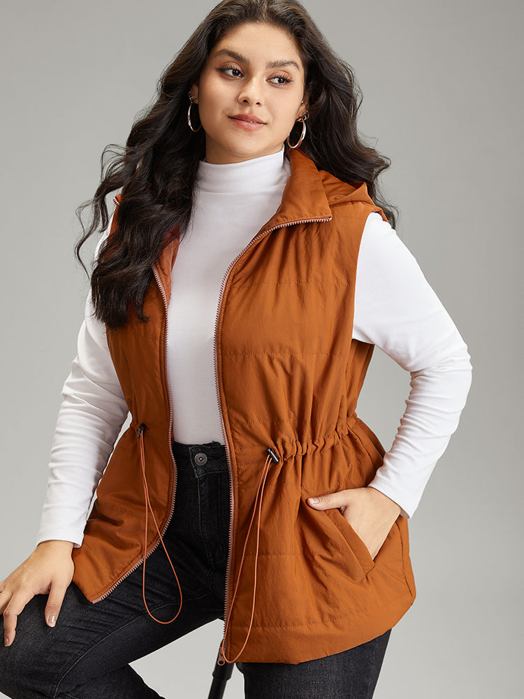 

Plus Size Jackets | Plain Drawstring Zipper Padded Vest Jacket | BloomChic, Chocolate