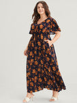 V-neck Floral Print Pocketed Maxi Dress With Ruffles
