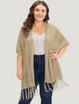 Solid Fringe Trim Geometric Eyelet Batwing Sleeve Cardigan