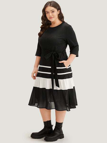 Colorblocking Belted Dress With Ruffles