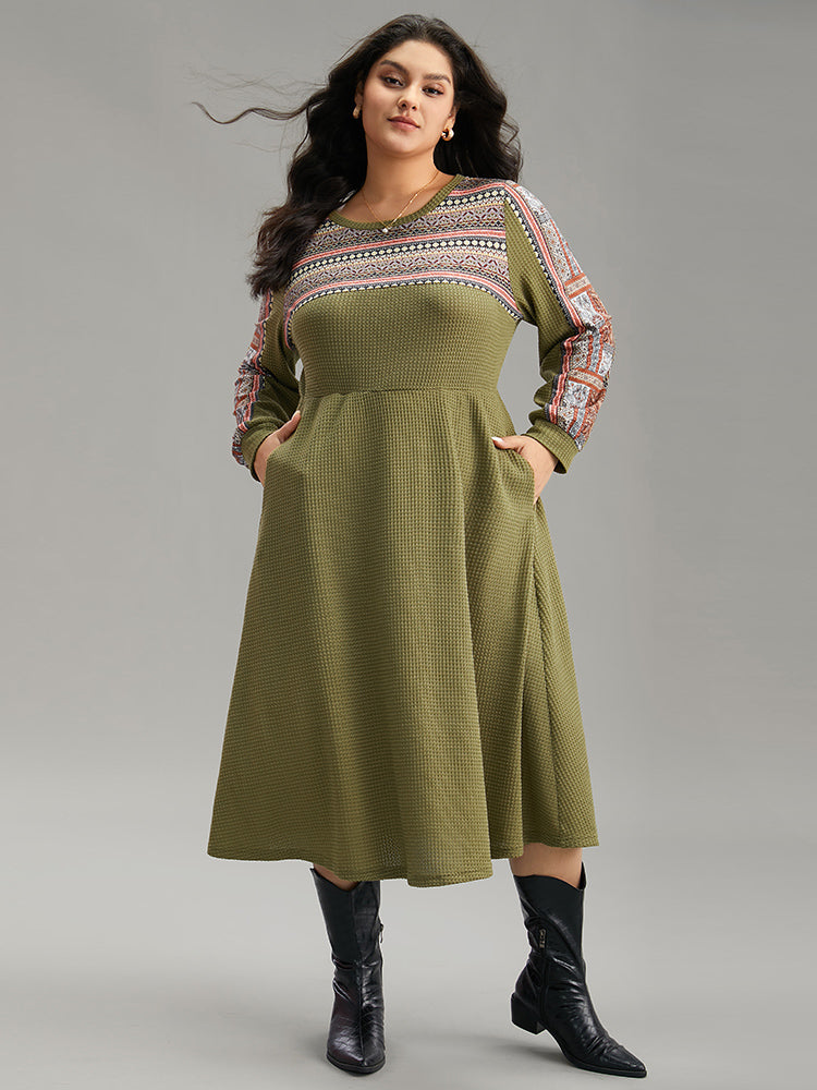 

Plus Size Women Dailywear Striped Waffle Knit Regular Sleeve Long Sleeve Round Neck Pocket Casual Dresses BloomChic, Army green